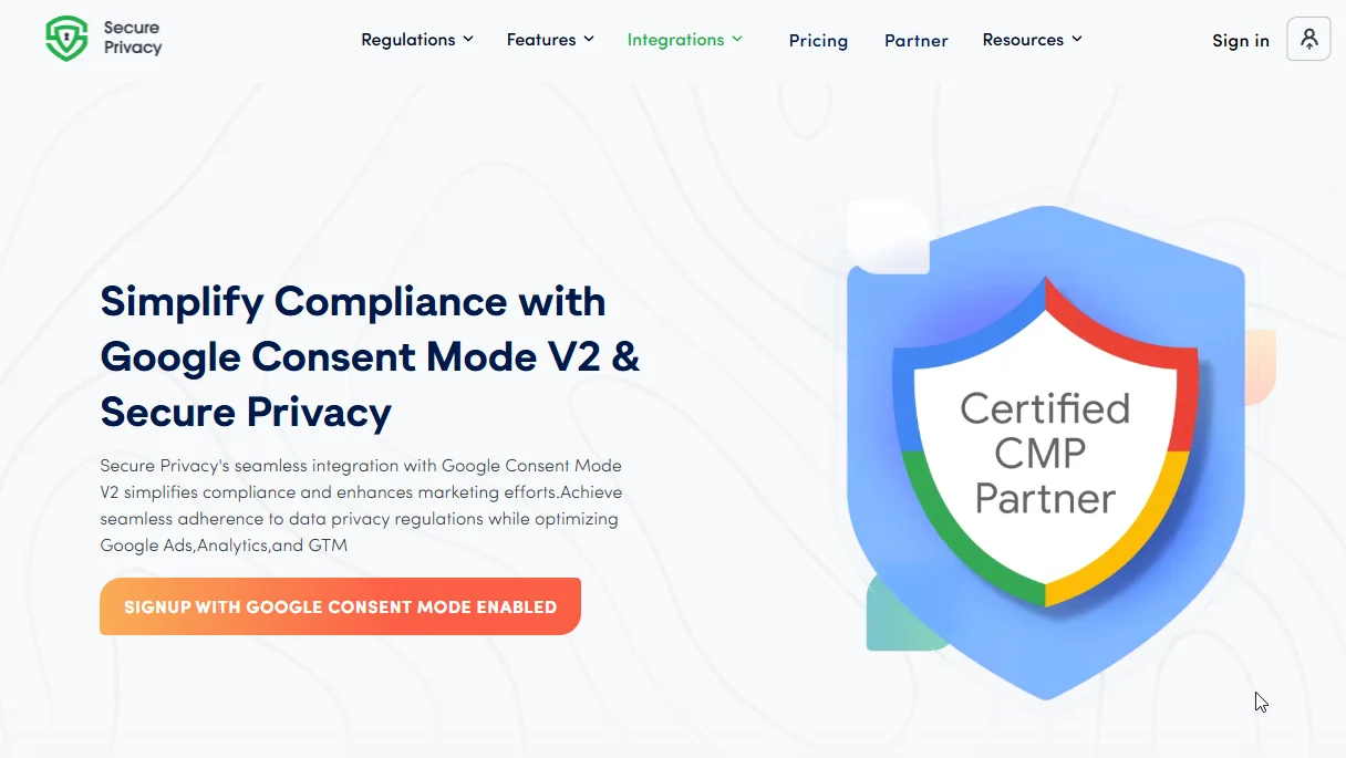 Google CMP certification badge displayed alongside Secure Privacy branding confirming Google-certified consent management platform status