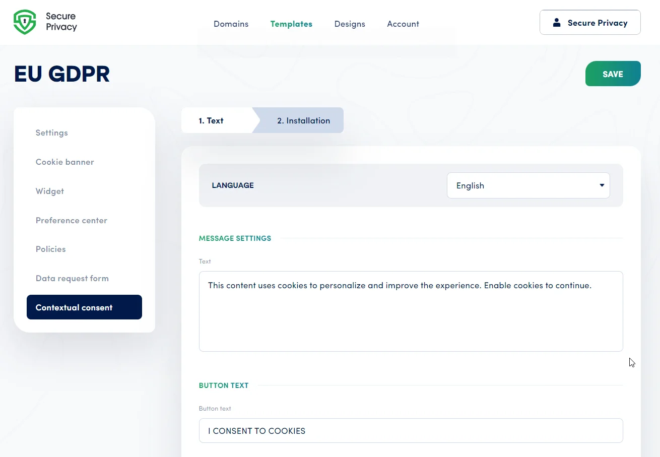 Secure Privacy contextual consent page preview showing desktop, tablet, and mobile views with the Edit button highlighted