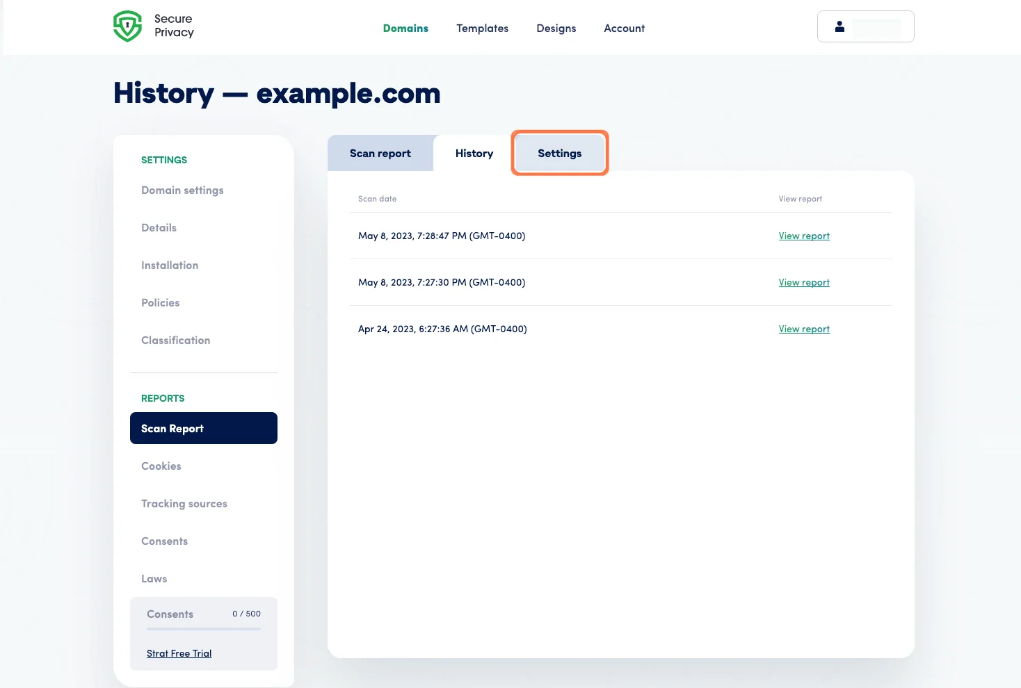 Secure Privacy scan History tab listing previous GDPR compliance scans with dates, scores, and results for a domain