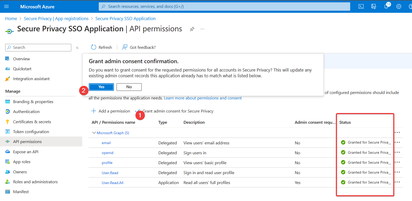 Azure API permissions page showing Admin consent status granted for all Microsoft Graph API permissions required by Secure Privacy