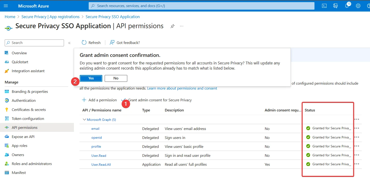 Azure API permissions page showing Admin consent status granted for all Microsoft Graph API permissions required by Secure Privacy