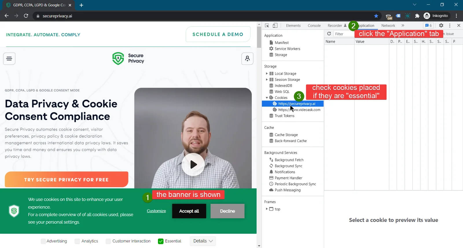 Browser developer tools Application tab showing cookies placed on page load with only essential cookies present before consent