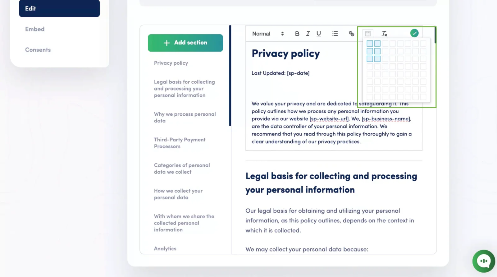 Secure Privacy Policy Editor table size selector grid showing row and column hover selection before inserting a table