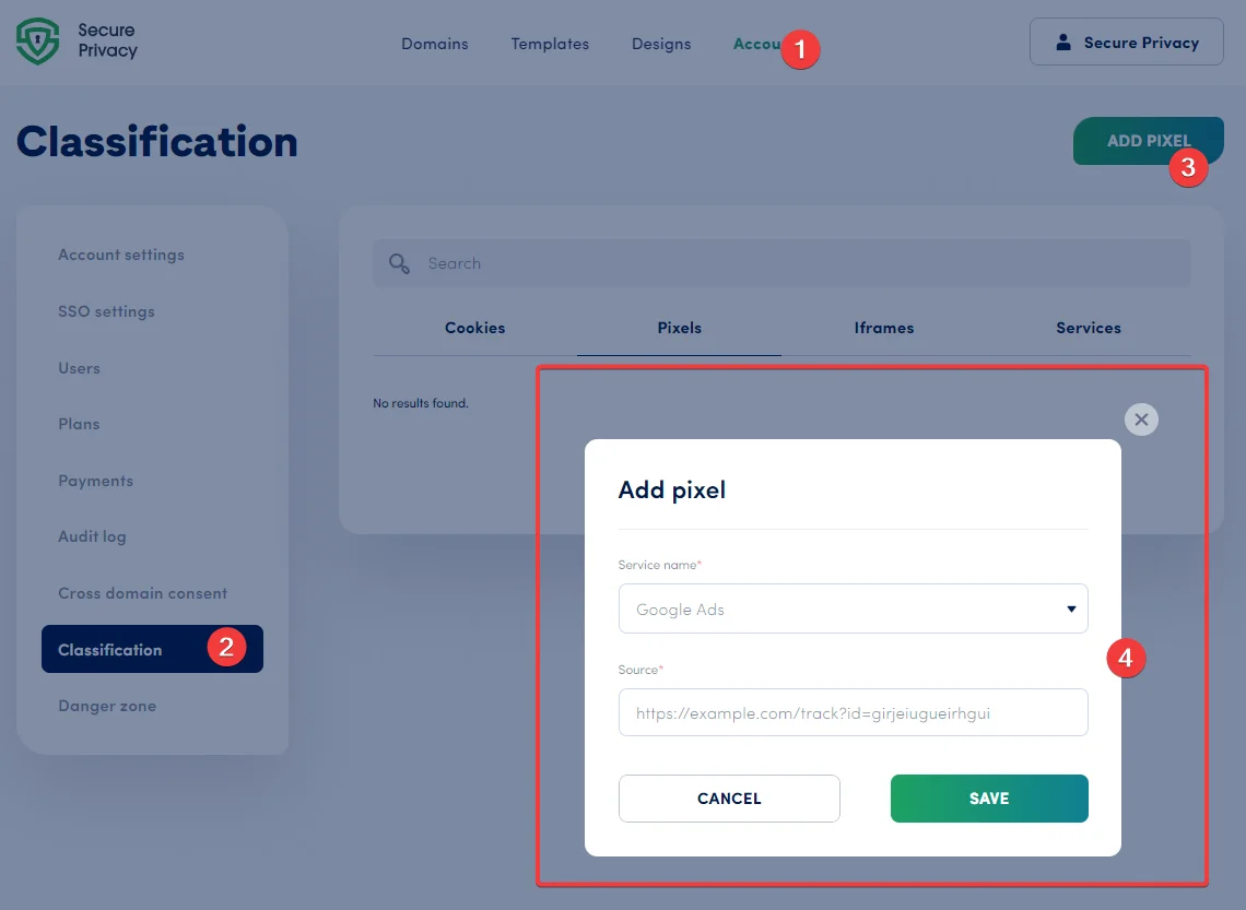 Secure Privacy account-level Classification Pixels tab showing the Add Pixel form with source URL and service name fields for blocking tracking pixels across all domains