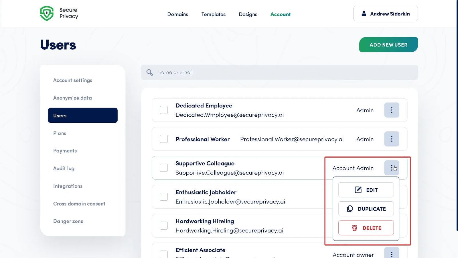Secure Privacy Edit User dialog showing user role selection options for modifying team member access levels