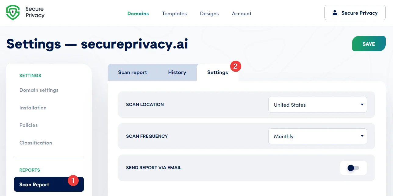Secure Privacy dashboard showing the Scan Report overview page with the Settings tab highlighted