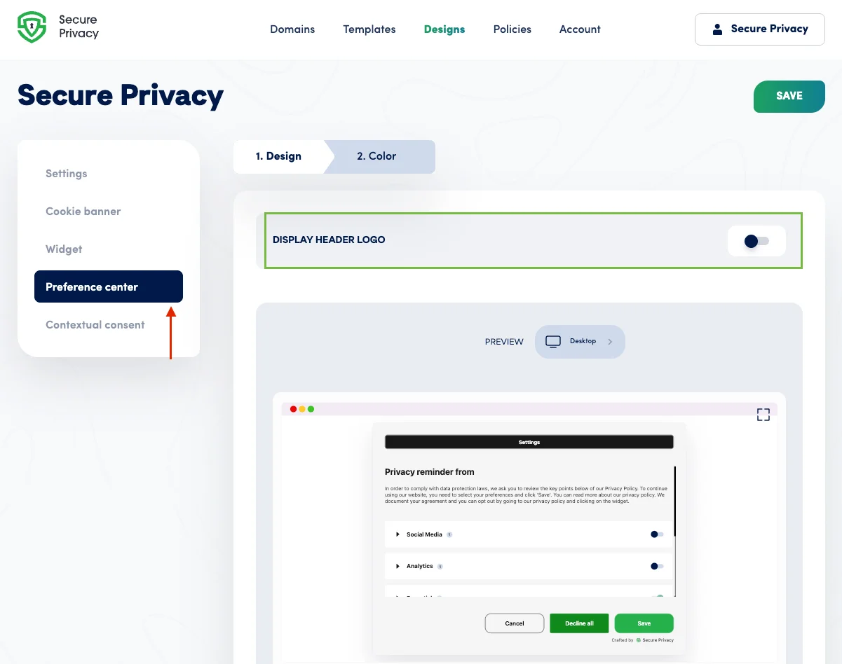 Secure Privacy Preference Center settings panel showing the Display Header Logo toggle enabled