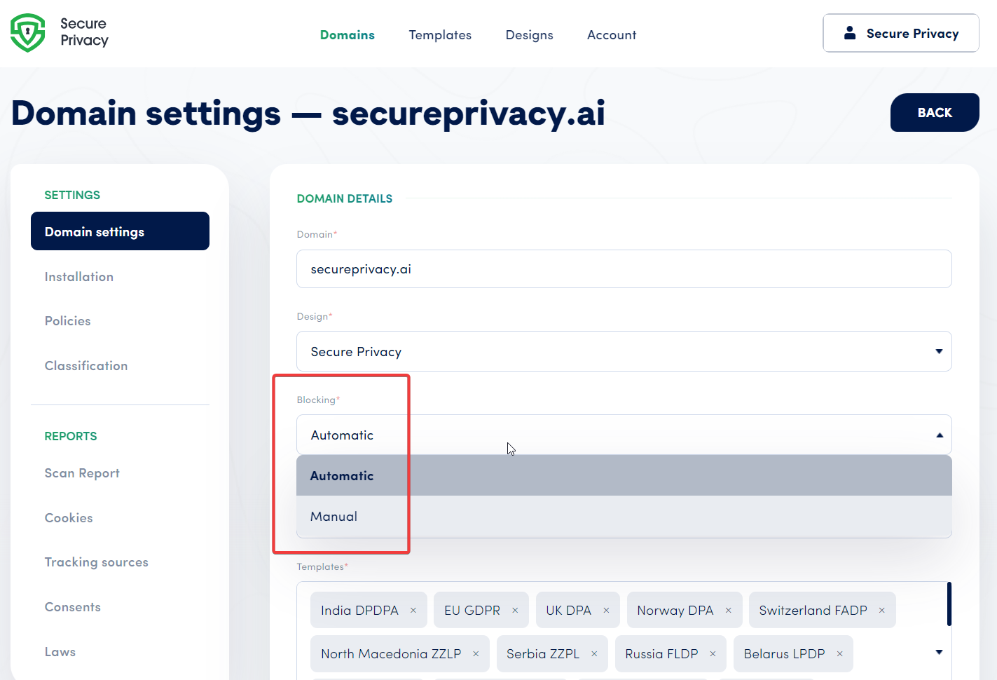 Secure Privacy Domain Settings Blocking section showing Automatic Blocking and Manual Blocking modes for GDPR-compliant cookie management