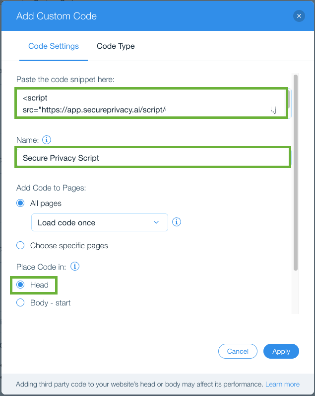 Wix Custom Code dialog showing the Secure Privacy script pasted into the code field with the recommended configuration settings applied