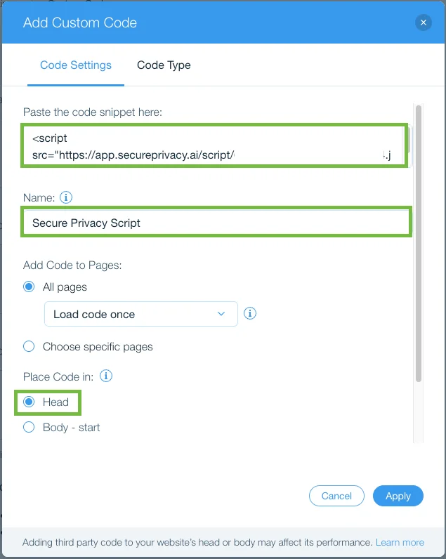 Wix Custom Code dialog showing the Secure Privacy script pasted into the code field with the recommended configuration settings applied