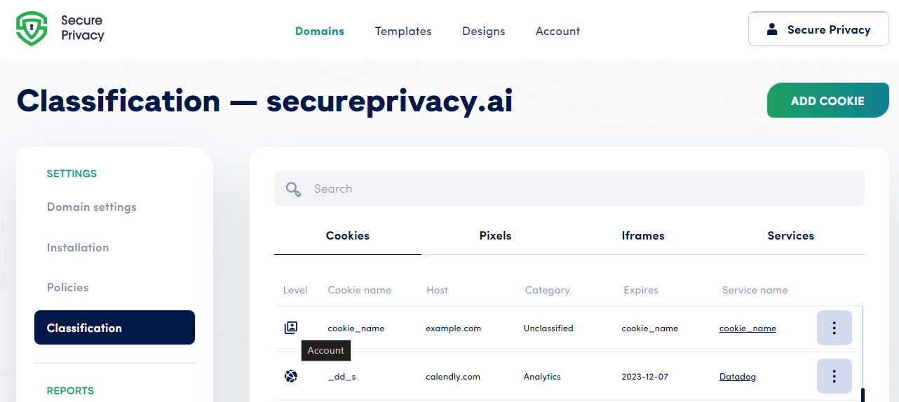 Secure Privacy Classification Cookies tab — full list of detected cookies with account-level and domain-level indicators and consent category assignments