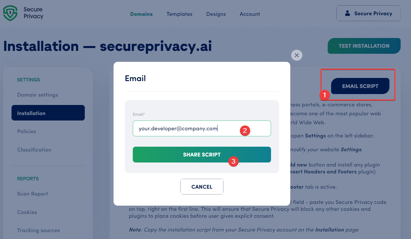 Secure Privacy Email Script dialog — enter a developer's email address to share the cookie consent installation script directly