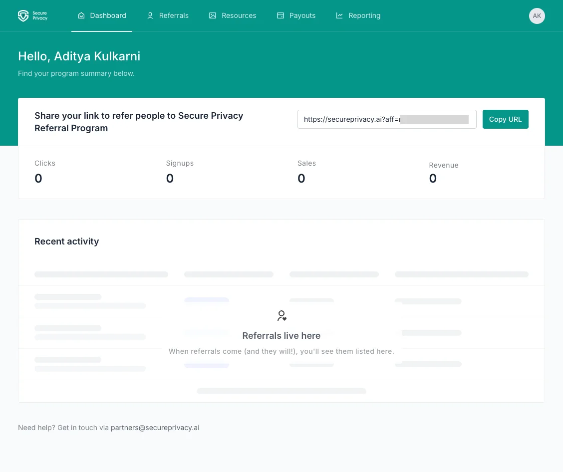Partnero dashboard for the Secure Privacy Partner Program showing the affiliate code and Copy URL button