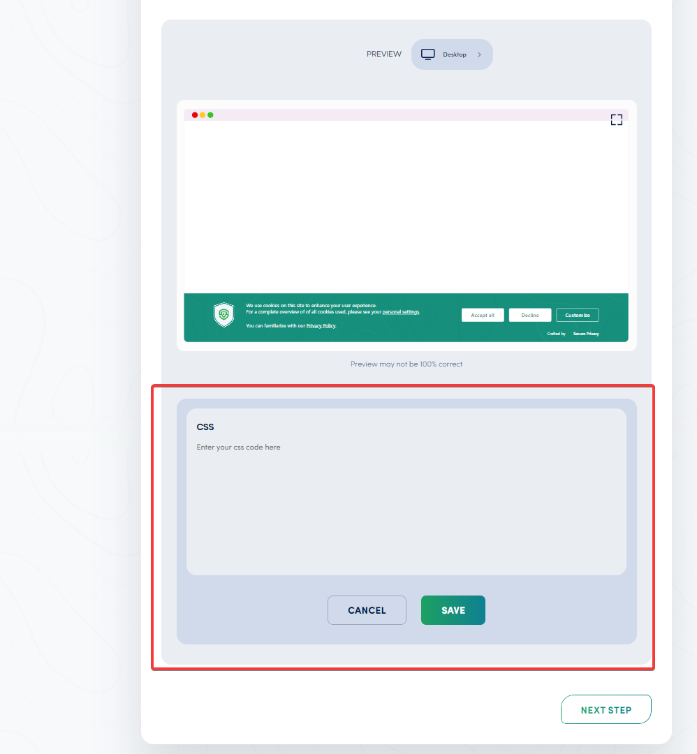 Secure Privacy cookie banner showing Middle position design as a centered modal overlay on the page