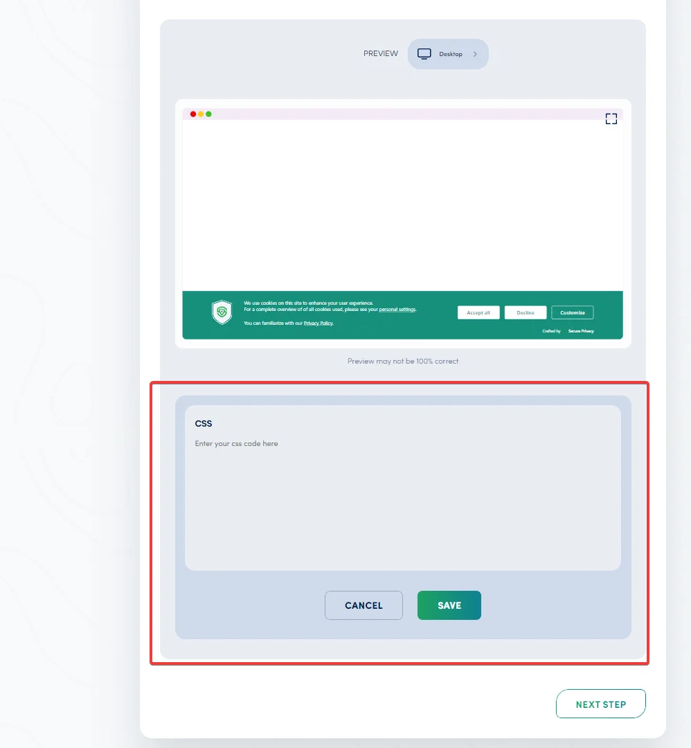 Secure Privacy cookie banner Custom CSS editor panel where developers can add custom CSS rules for advanced styling