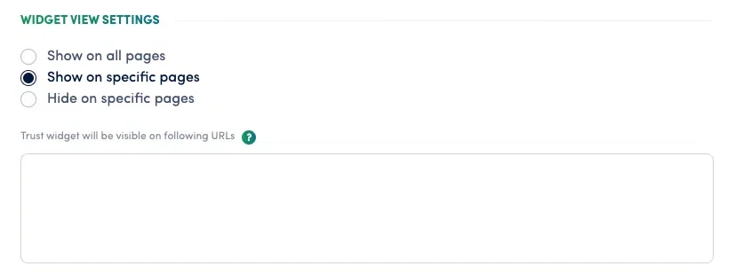 Secure Privacy domain settings page showing Widget View Settings with options to show or hide the Trust Widget on specific pages