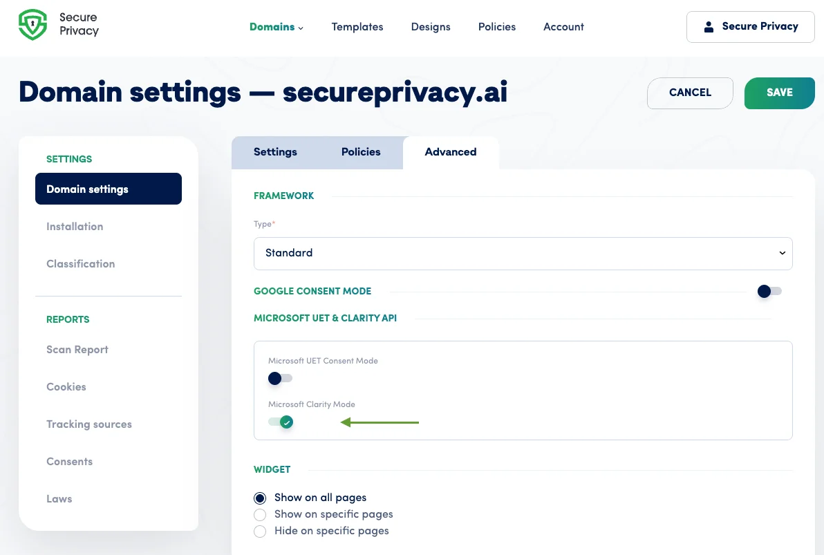 Secure Privacy dashboard Advanced tab showing the Microsoft Clarity Consent Mode toggle