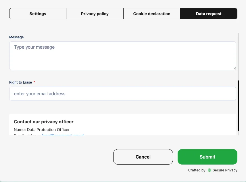 Live DSAR data request form showing the Right to Erase field with email address input visible to website visitors