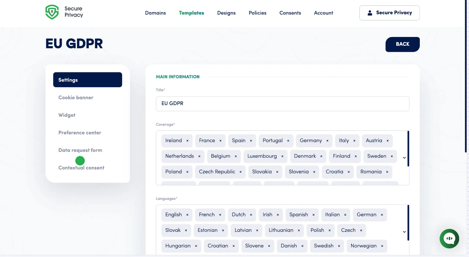 Secure Privacy template side panel showing Data Request Form option selected