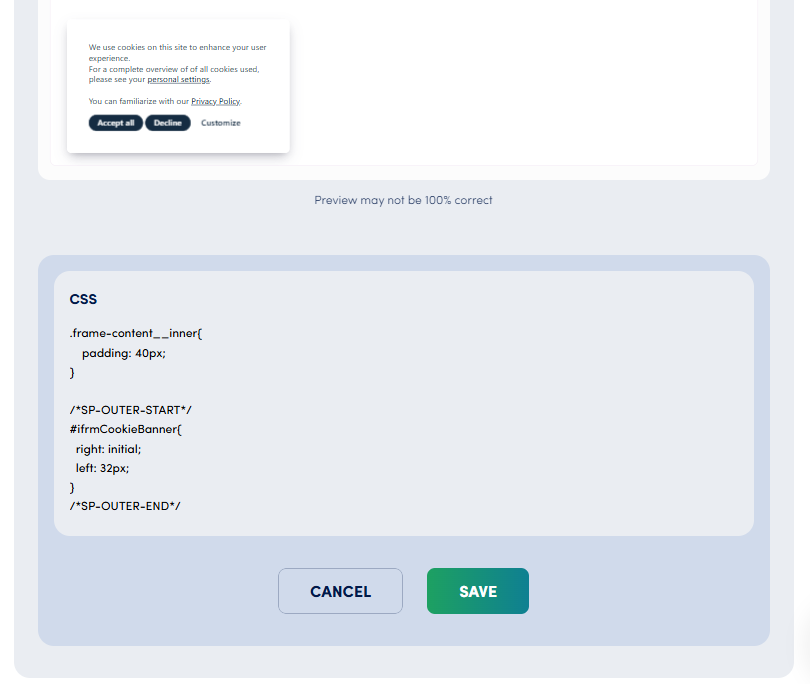 Warning example showing how outer wrapper CSS injected into page HTML can affect other website elements if selectors are not specific