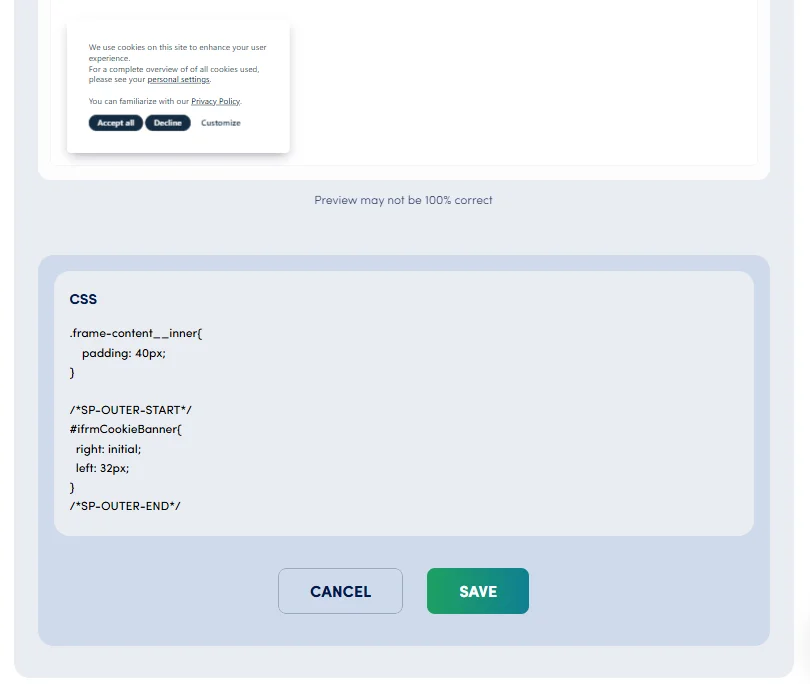 Warning example showing how outer wrapper CSS injected into page HTML can affect other website elements if selectors are not specific