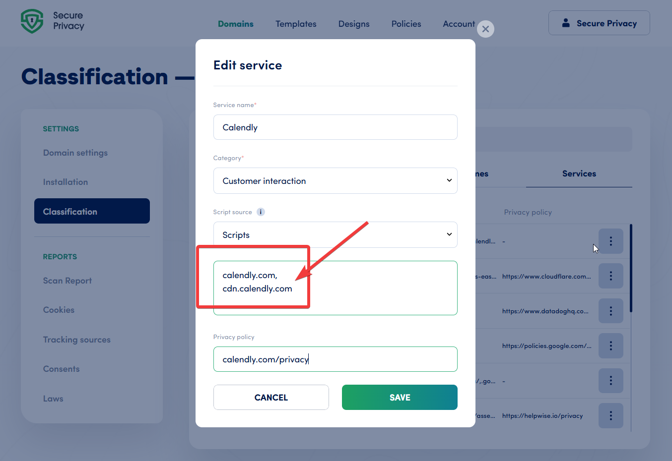 Editing a service entry in the Secure Privacy CMP to add a script source URL for pre-consent cookie blocking