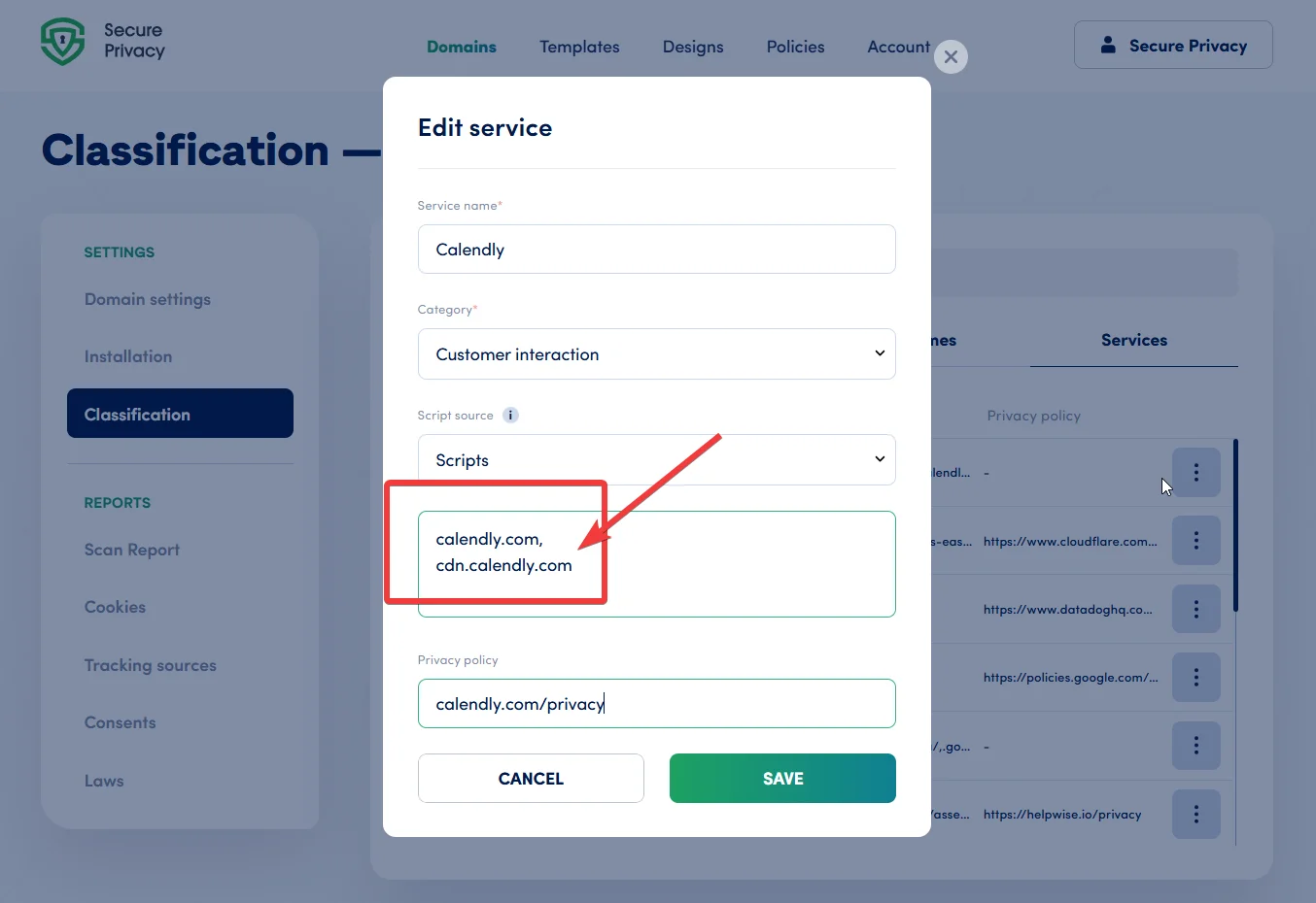 Editing a service entry in the Secure Privacy CMP to add a script source URL for pre-consent cookie blocking