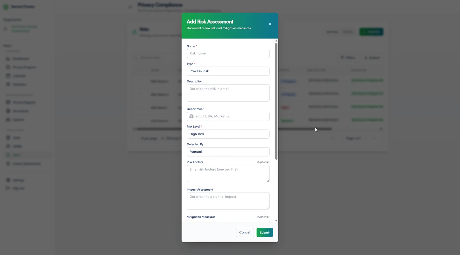 Secure Privacy Privacy Risk Management module showing risk assignment form with team member selection and mitigation details
