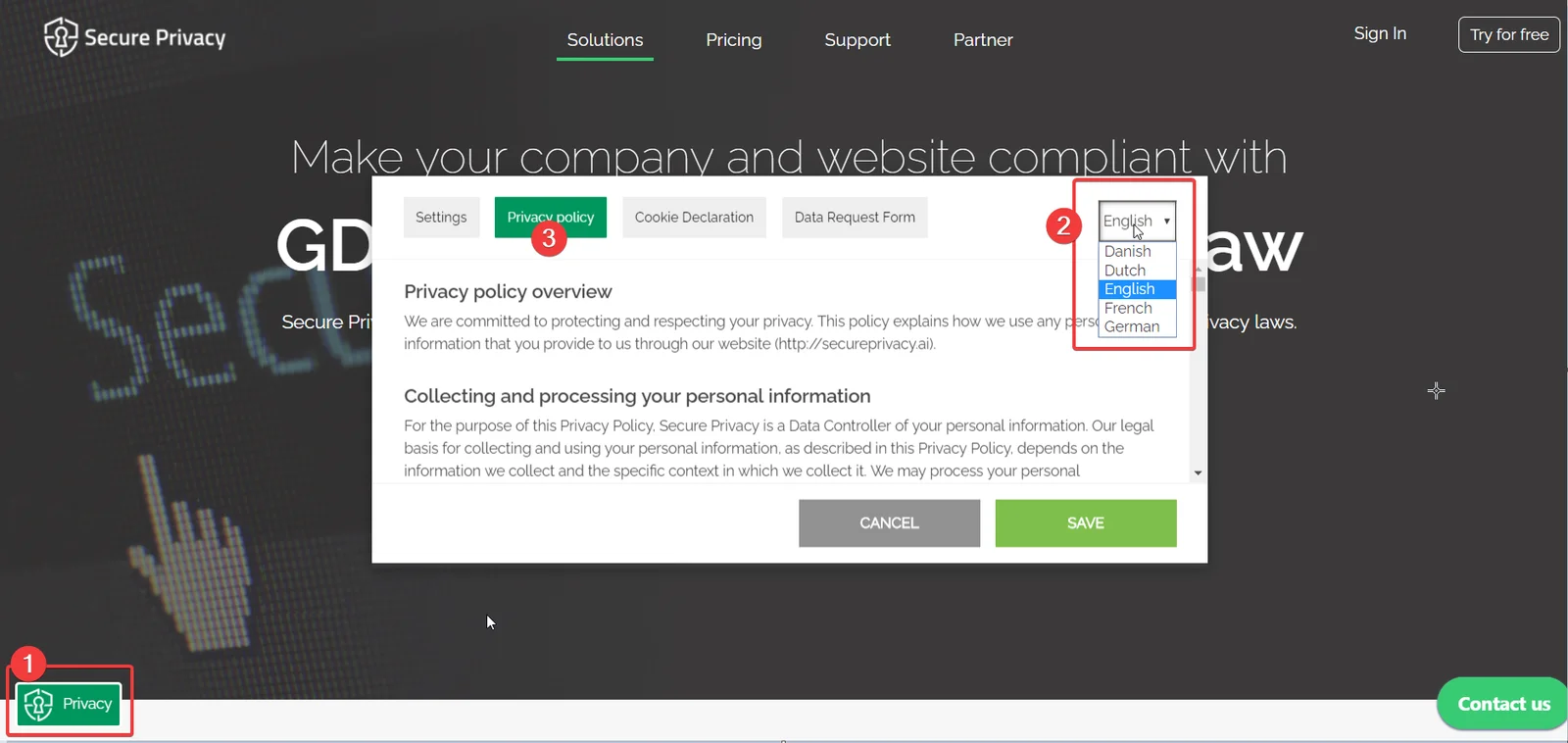 Privacy Center pop-up displayed on a website showing Privacy Policy tab and Language selector for visitors