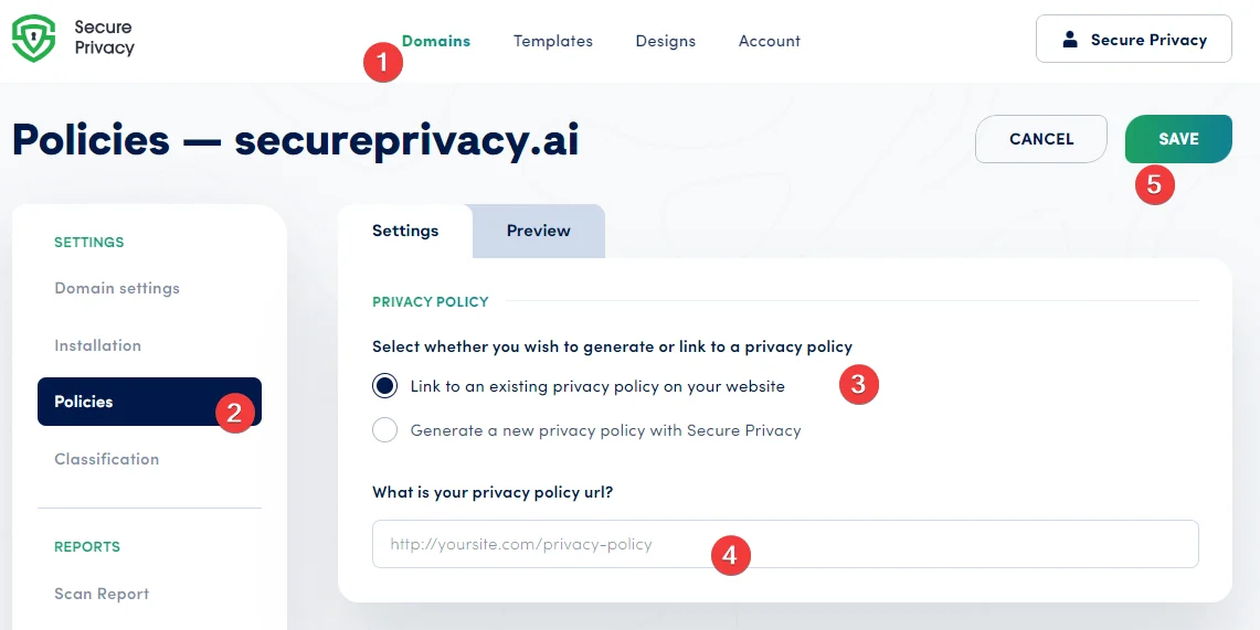 Secure Privacy Privacy Policy settings showing the link field for entering an existing privacy policy URL to display in the Preference Center