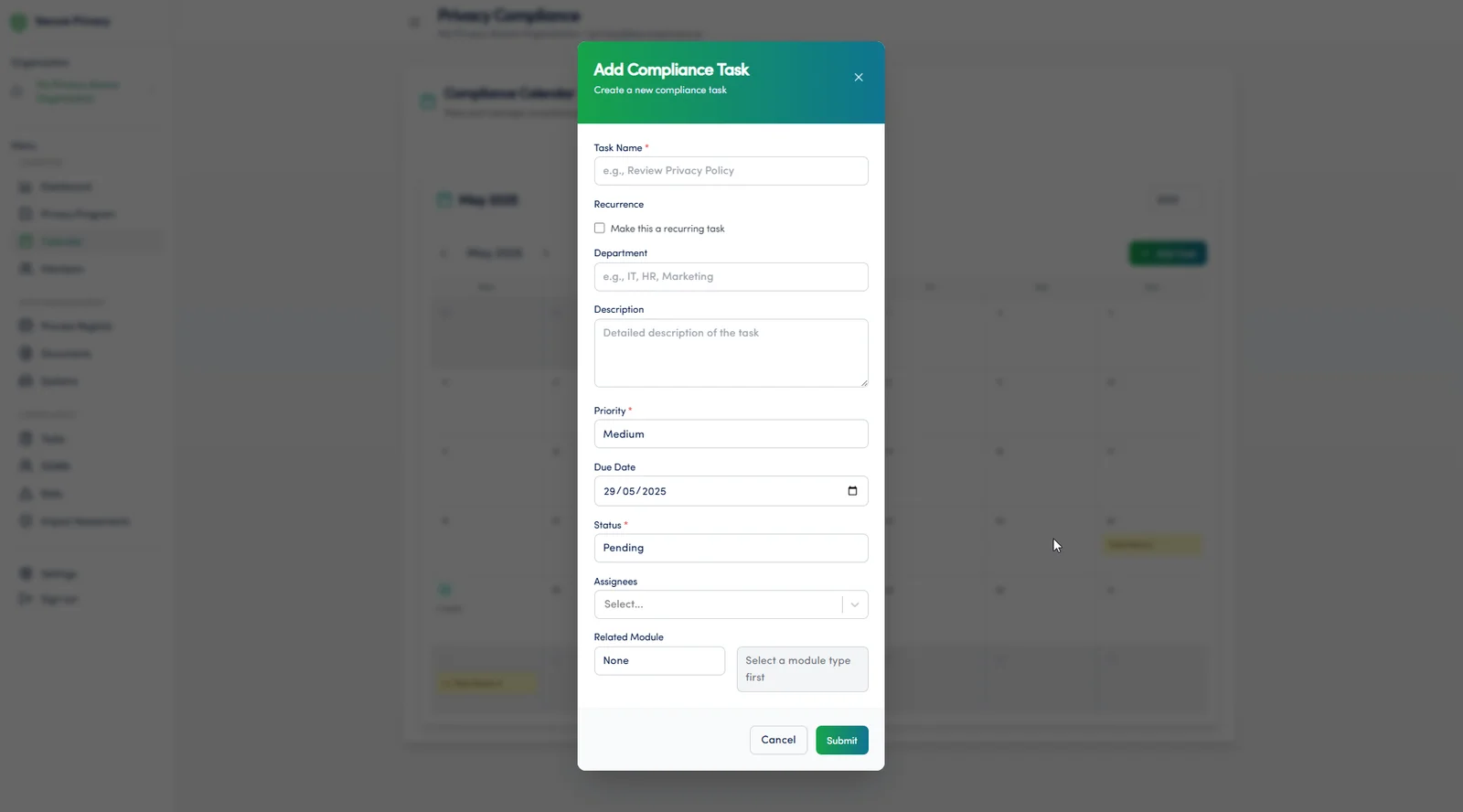 Secure Privacy Calendar module showing drag and drop task rescheduling and task creation interface