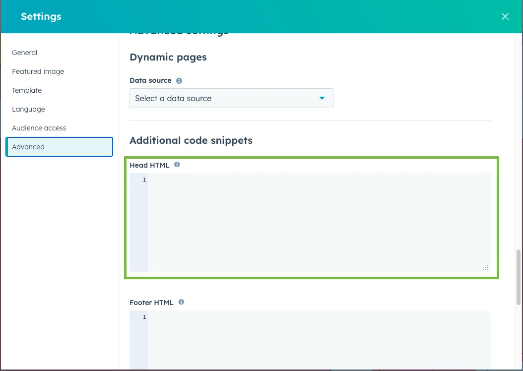 HubSpot Settings — Advanced section showing the Additional code snippets panel with the Head HTML field where the Secure Privacy cookie consent script is pasted