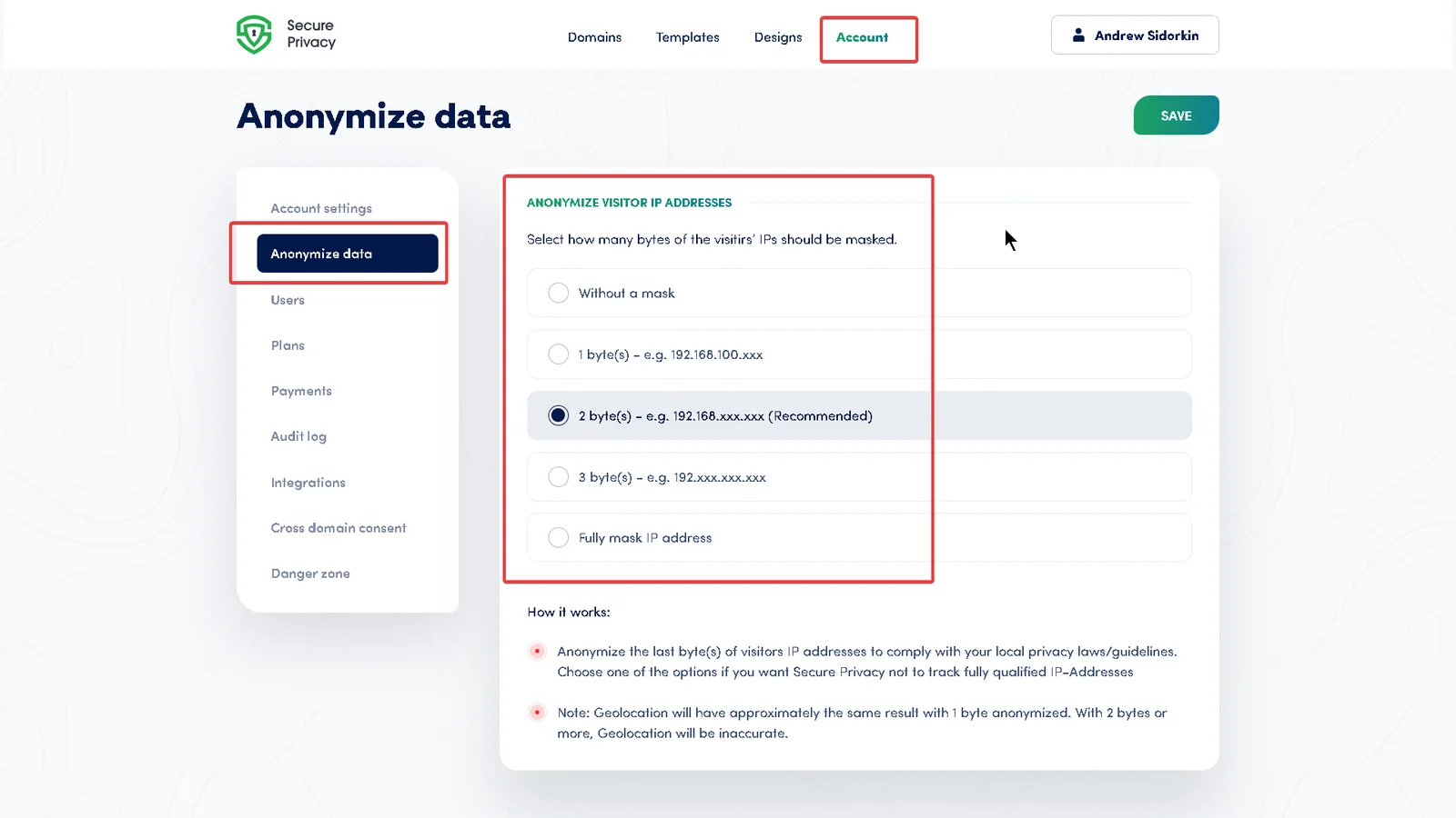 Secure Privacy Account dashboard with the Anonymize Data tab selected in the left navigation menu