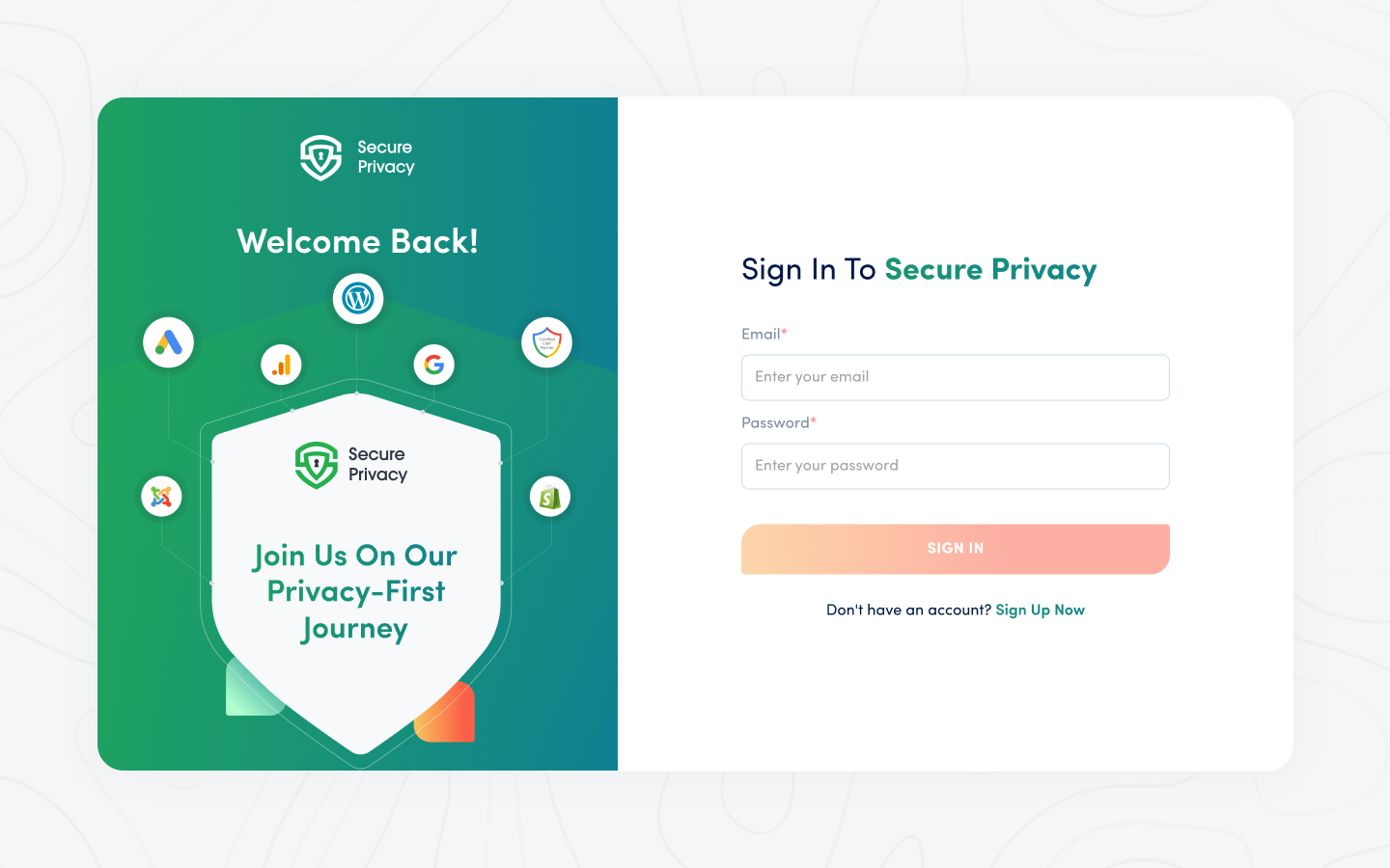 Secure Privacy plugin sign-in screen inside the CMS dashboard