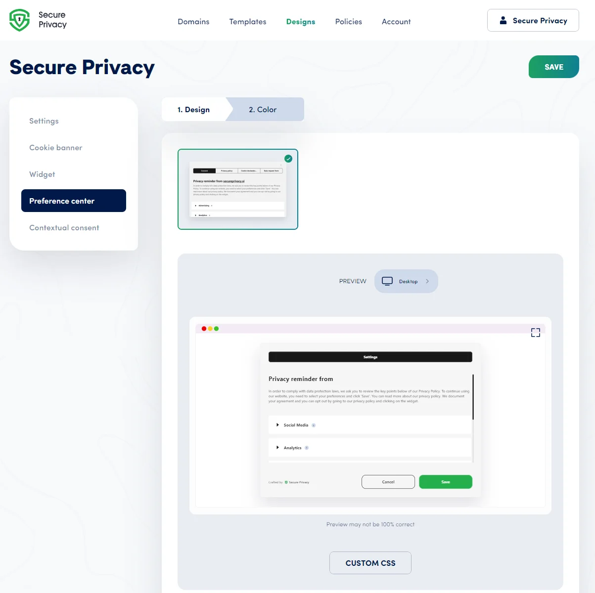 Secure Privacy Custom CSS text area in the Cookie Banner design settings showing where to paste and save custom CSS code