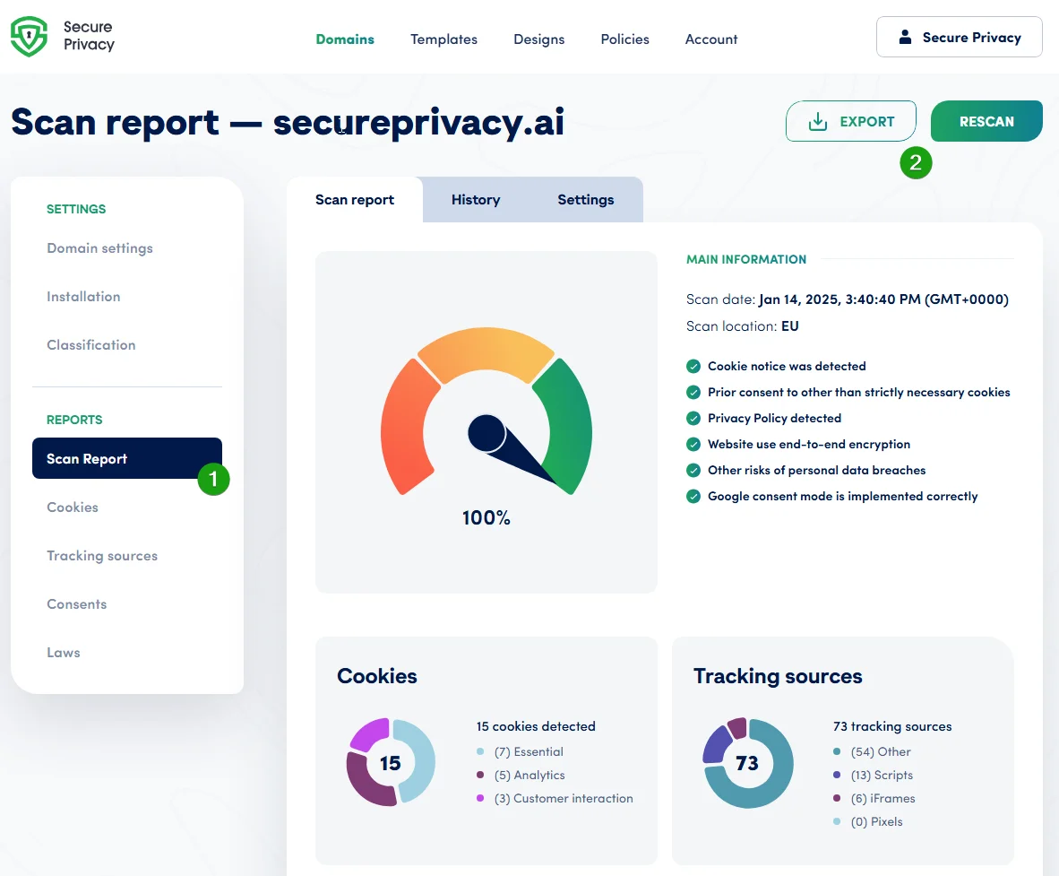 Secure Privacy Scan Report page showing the Rescan Website button to apply classification changes