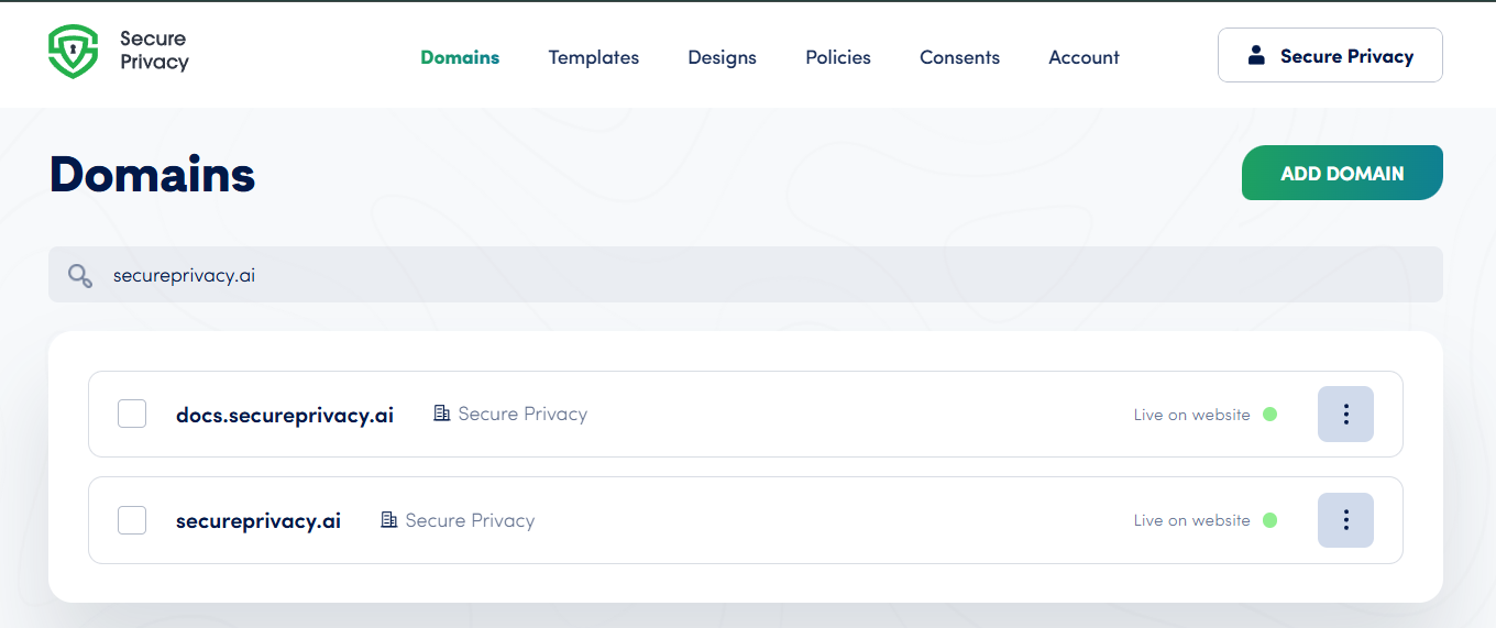 Secure Privacy consent management platform interface showing the cookie consent banner and preference center for visitor data collection consent