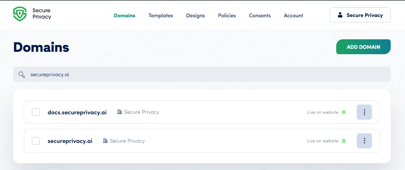 Secure Privacy consent management platform interface showing the cookie consent banner and preference center for visitor data collection consent
