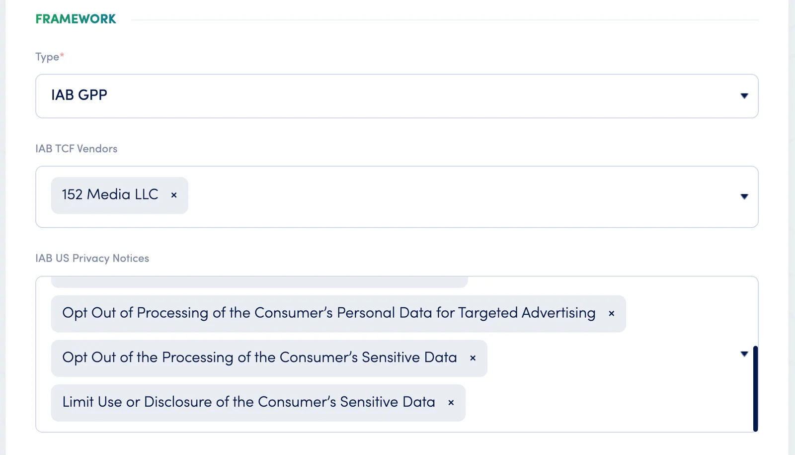 Secure Privacy GPP Framework settings showing US Privacy notice categories and opt-out selection options for state-level privacy string configuration