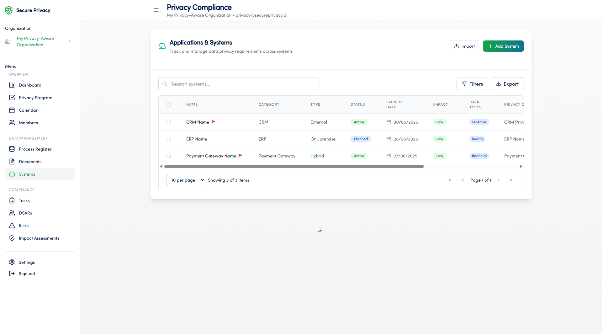 Secure Privacy Governance Solution Systems module showing centralized system inventory with data processing records