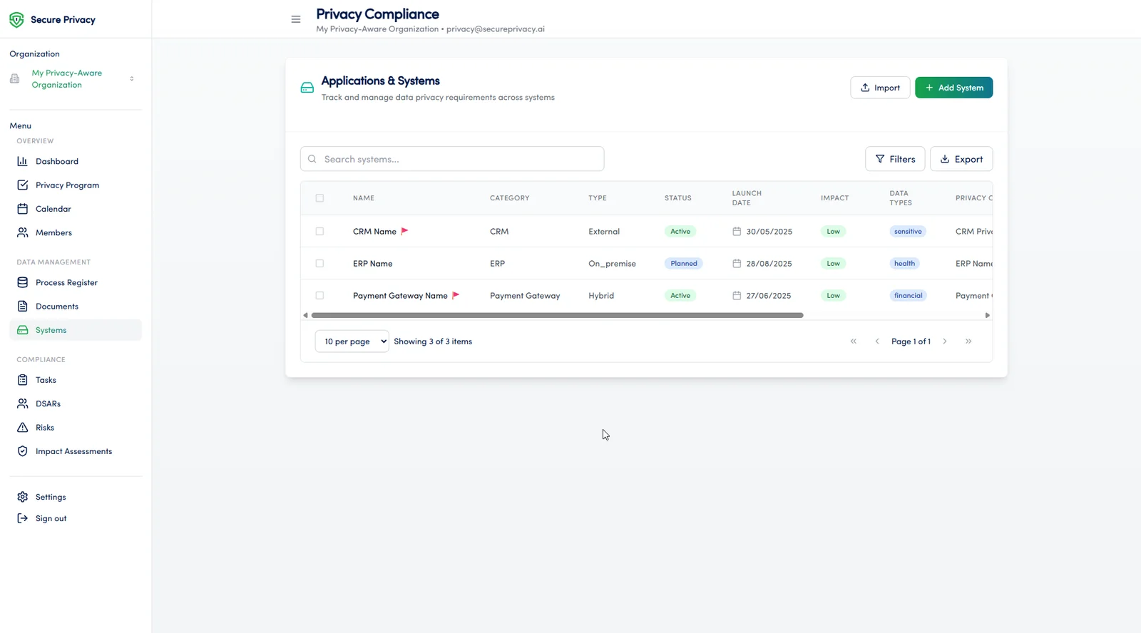 Secure Privacy Governance Solution Systems module showing centralized system inventory with data processing records