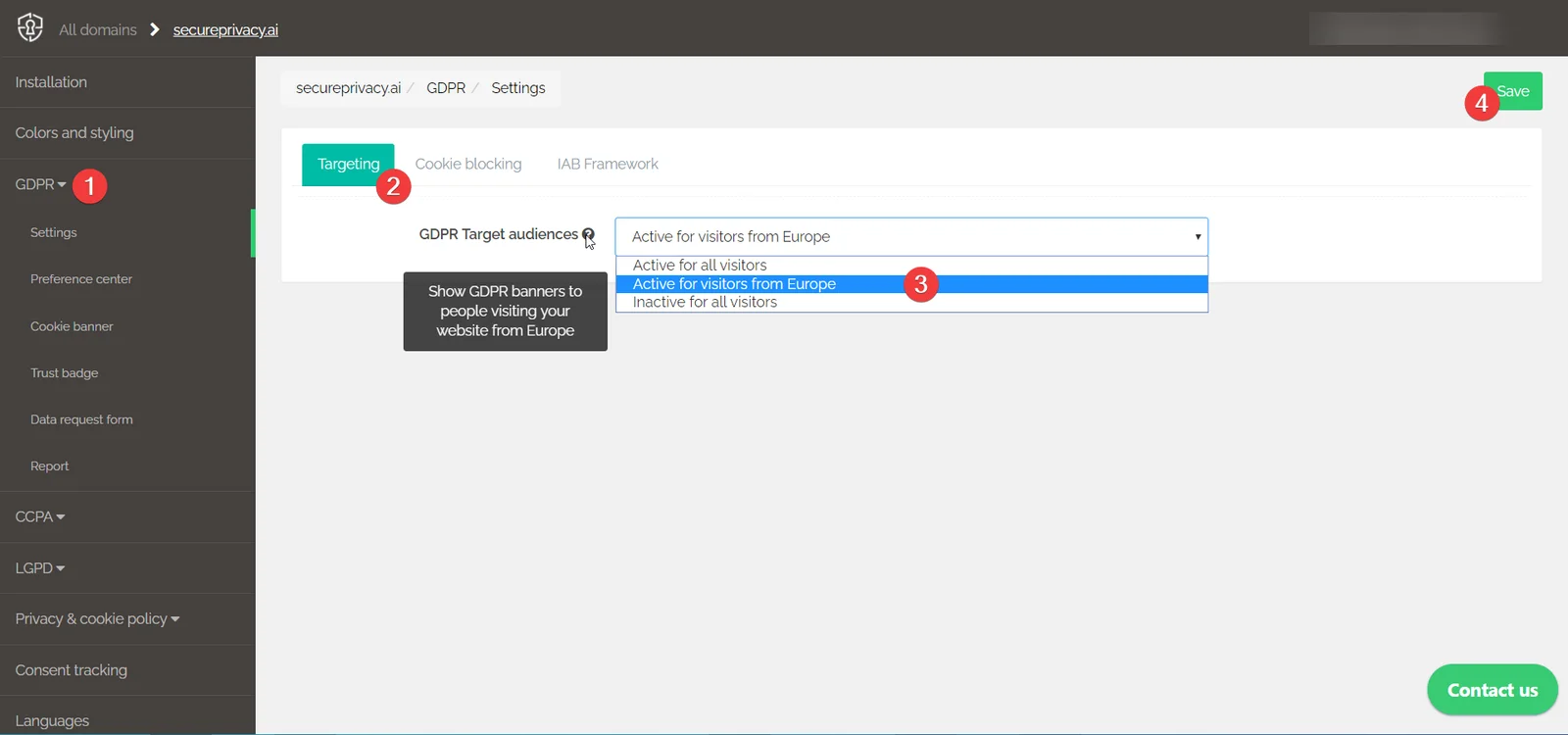 Secure Privacy GDPR Targeting settings showing Target Audience dropdown with Active for visitors from Europe option selected
