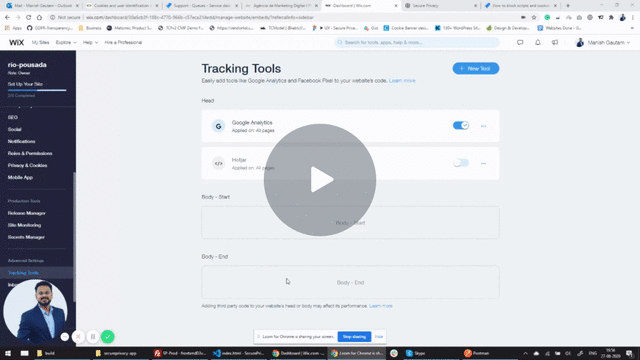 Wix dashboard showing where to paste a script for manual cookie consent blocking