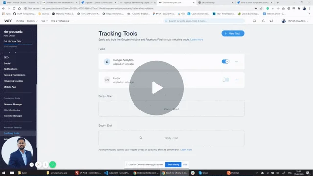 Wix dashboard showing where to paste a script for manual cookie consent blocking