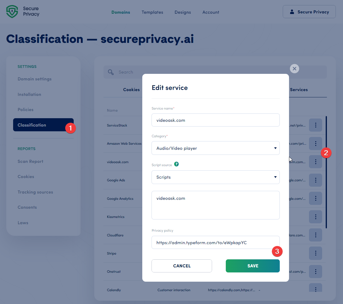 Secure Privacy Edit Service dialog — configure Service Name, GDPR consent category, script source URLs, and privacy policy link