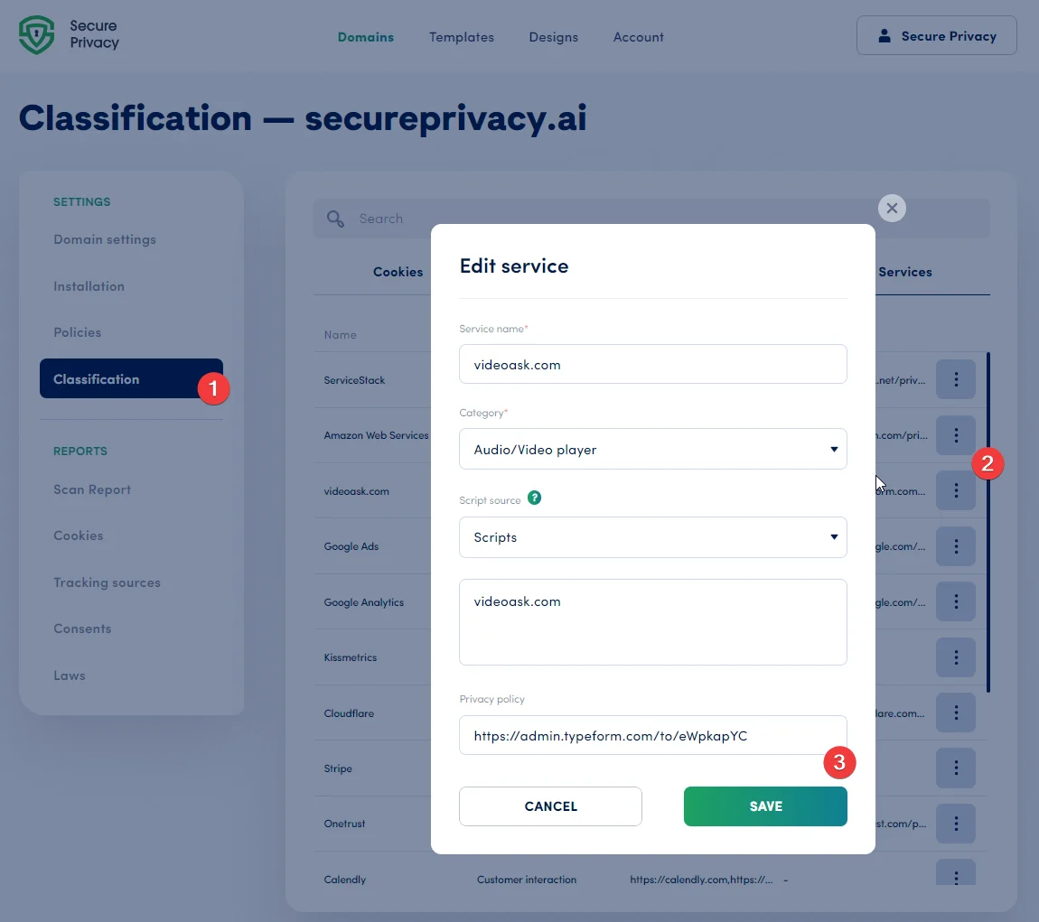 Secure Privacy Edit Service dialog — configure Service Name, GDPR consent category, script source URLs, and privacy policy link