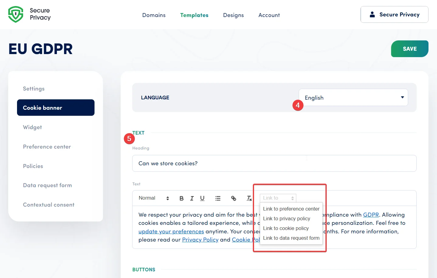 Editing cookie banner heading and body text in the Secure Privacy template editor