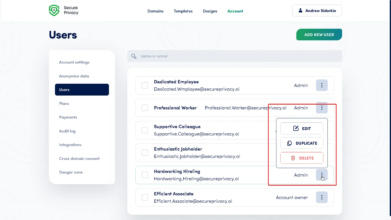 Secure Privacy Users tab showing the Delete button for permanently removing a team member and revoking their account access