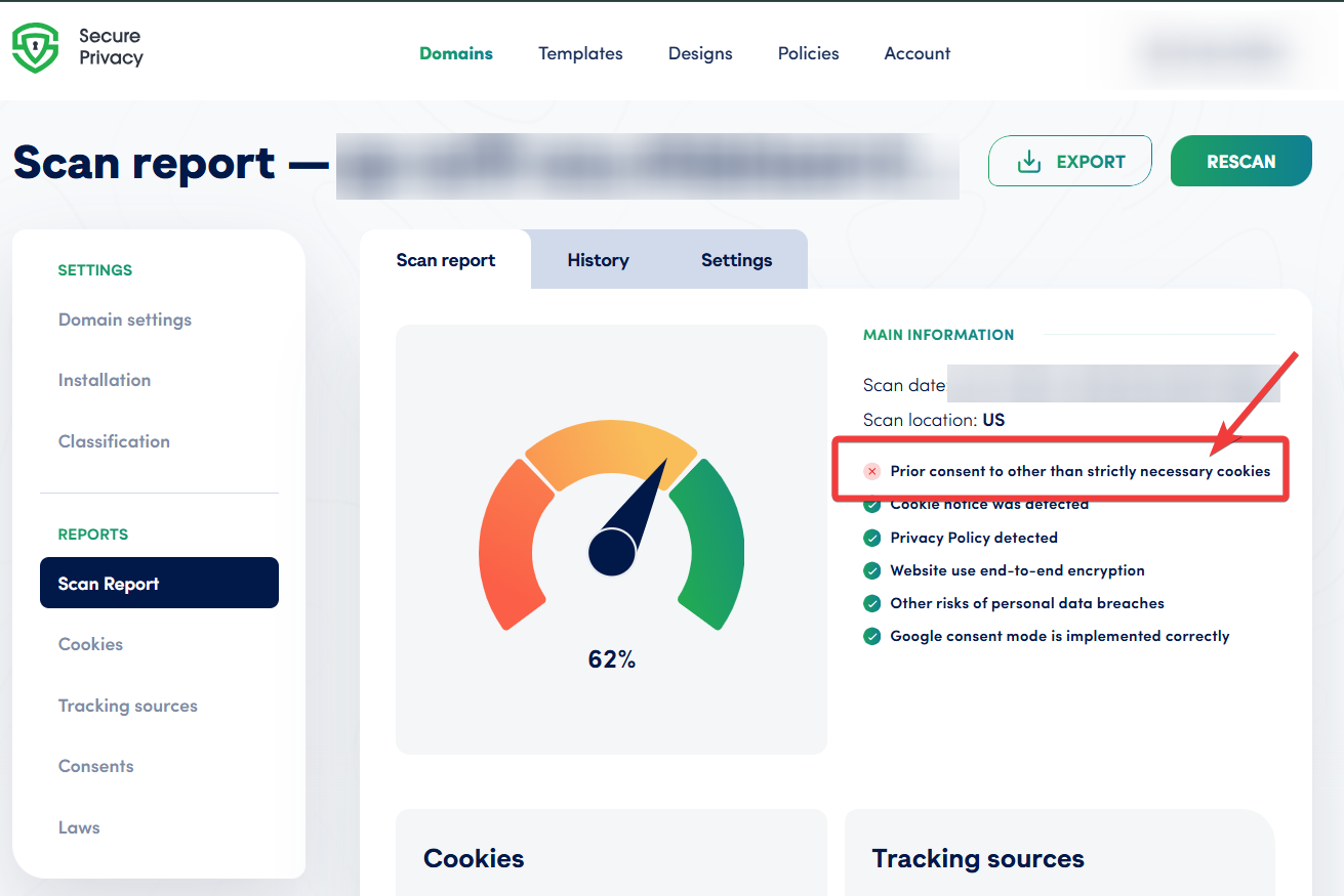 GDPR compliance scan report showing non-essential cookies loading before user consent is captured