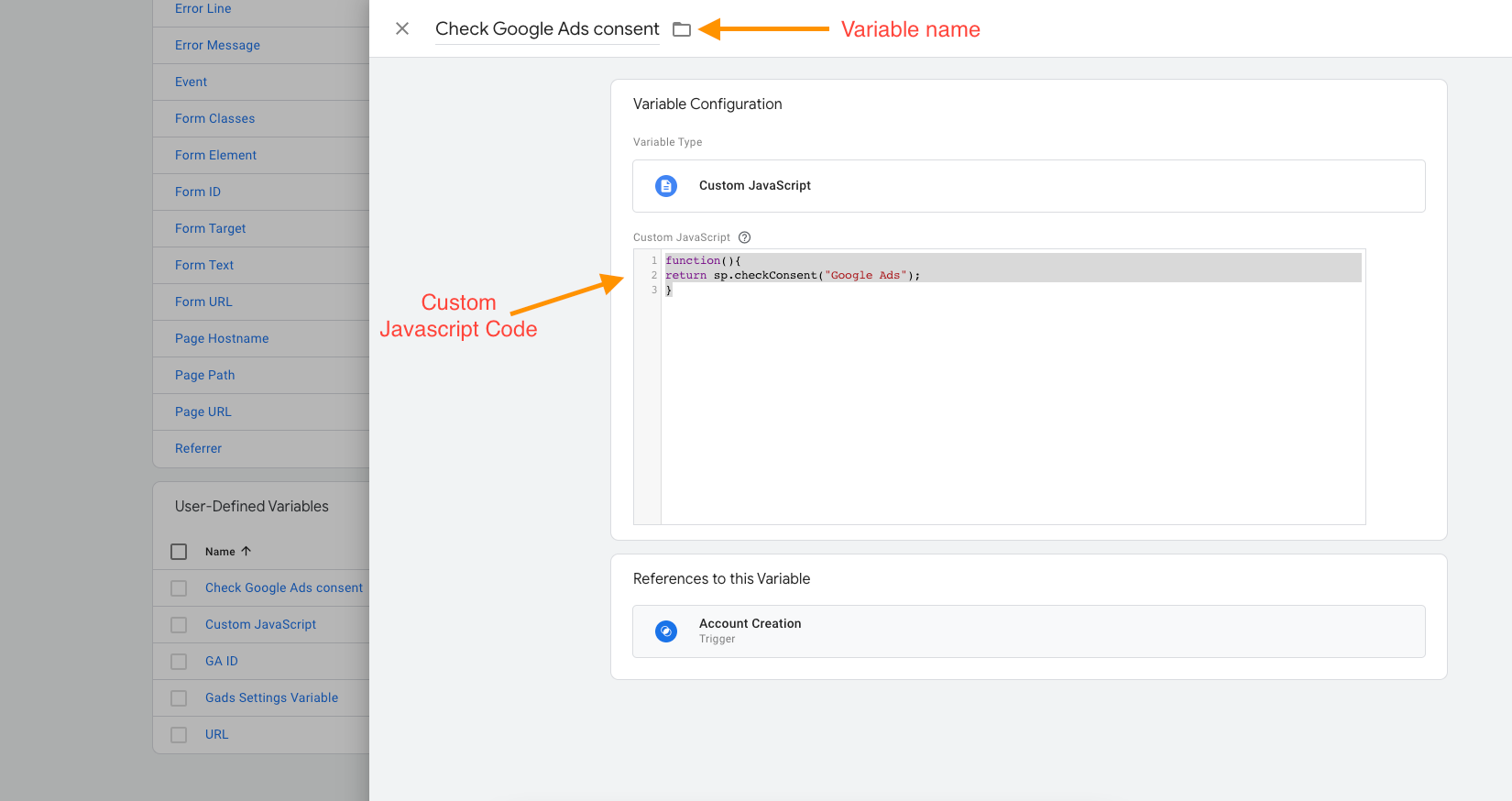 GTM Variables panel showing a new Custom JavaScript variable configured for a consent check